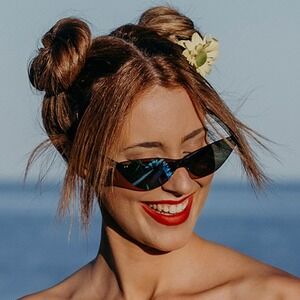 Rimless Sunglasses Blue Mirrored Lens Cat Eye Fashion Trendy Women UV Protection